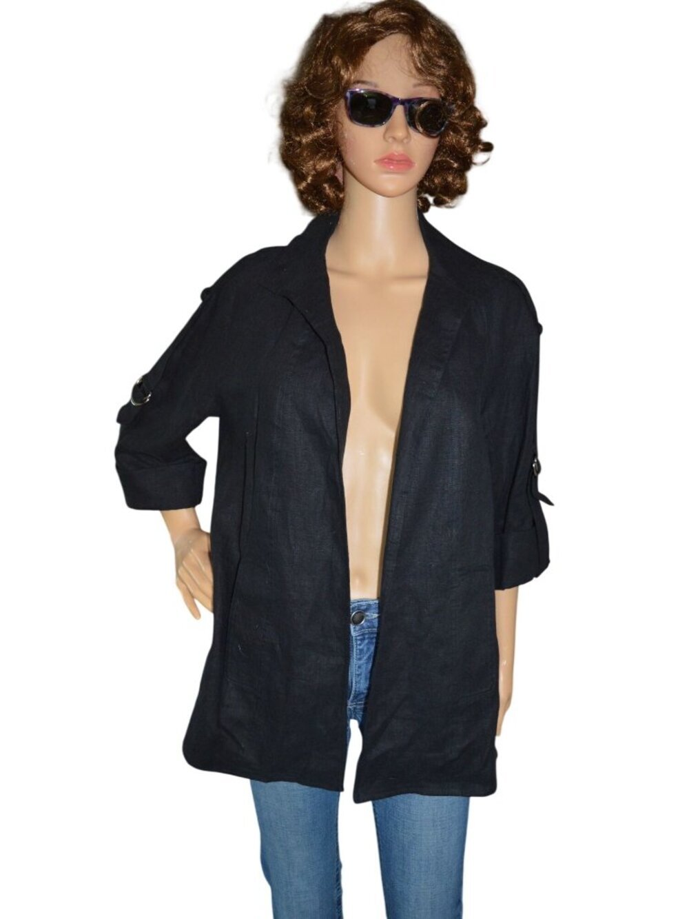 Vintage Elliot Lauren Black 100% Linen Open Front Jacket Women Size 8 Minimalist